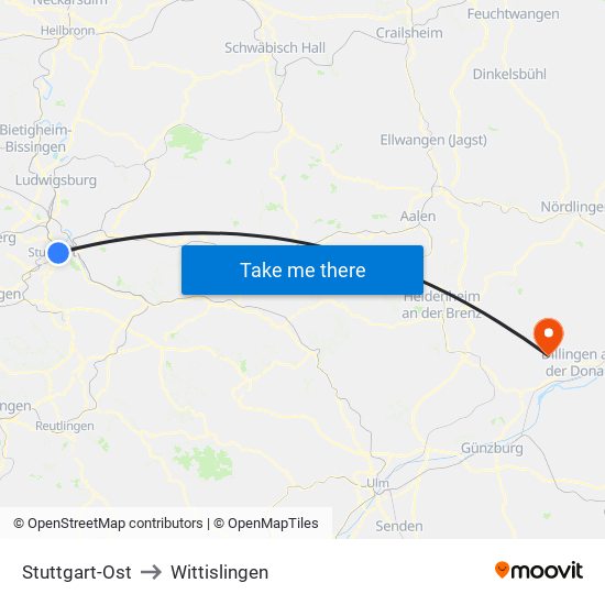 Stuttgart-Ost to Wittislingen map