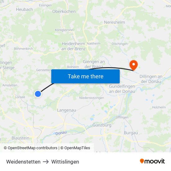 Weidenstetten to Wittislingen map