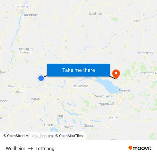 Weilheim to Tettnang map