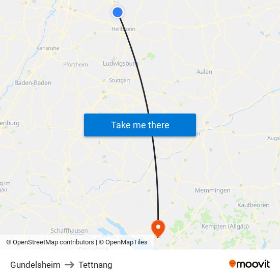 Gundelsheim to Tettnang map