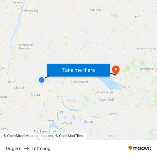 Dogern to Tettnang map