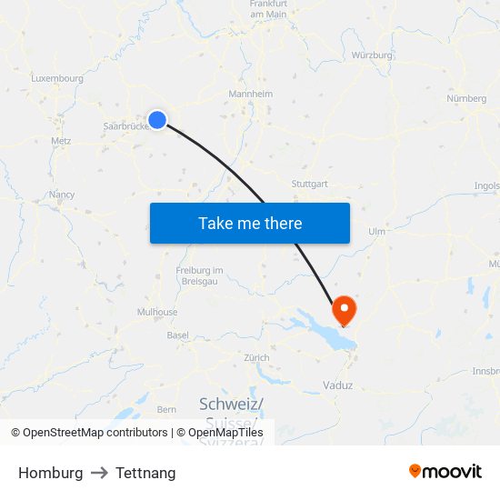 Homburg to Tettnang map