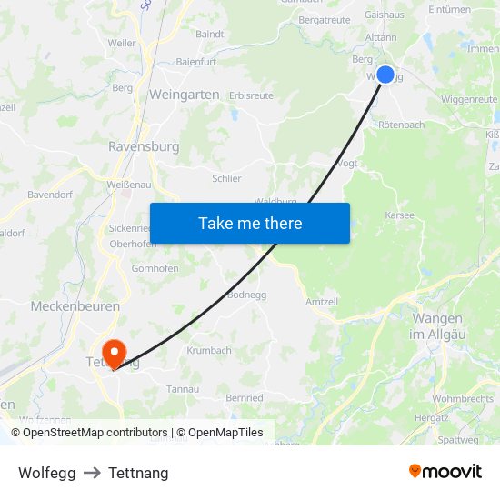 Wolfegg to Tettnang map