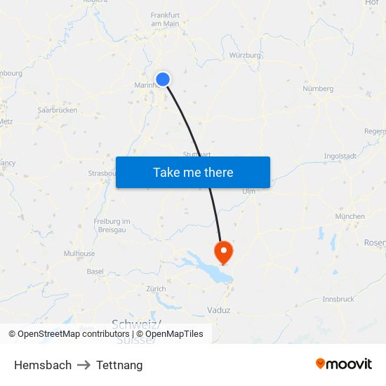 Hemsbach to Tettnang map