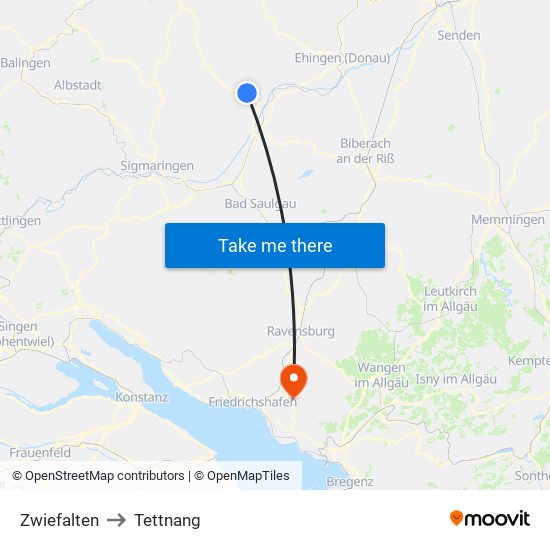 Zwiefalten to Tettnang map