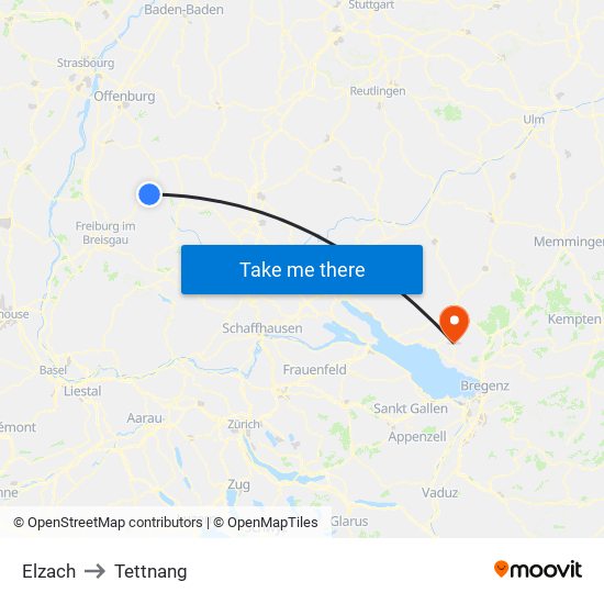 Elzach to Tettnang map