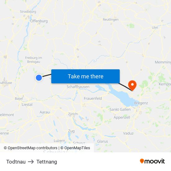 Todtnau to Tettnang map