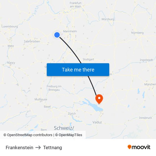 Frankenstein to Tettnang map