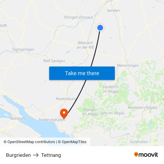 Burgrieden to Tettnang map