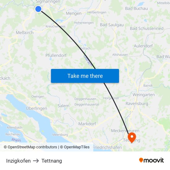 Inzigkofen to Tettnang map