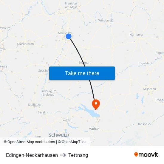 Edingen-Neckarhausen to Tettnang map