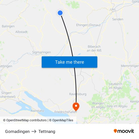 Gomadingen to Tettnang map