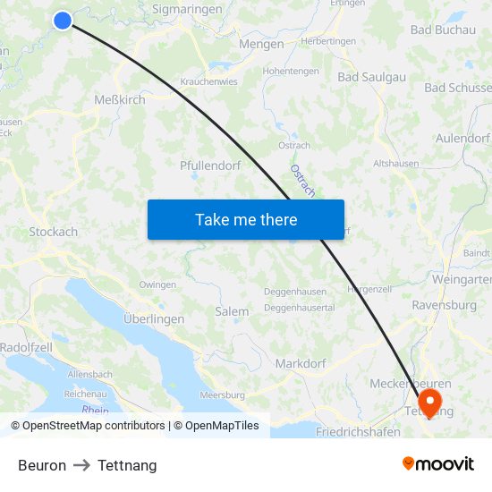 Beuron to Tettnang map
