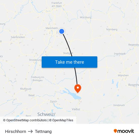 Hirschhorn to Tettnang map
