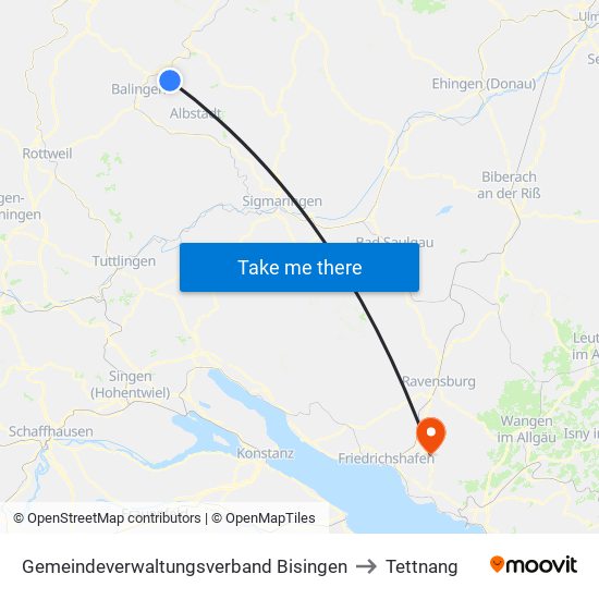 Gemeindeverwaltungsverband Bisingen to Tettnang map