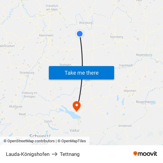 Lauda-Königshofen to Tettnang map