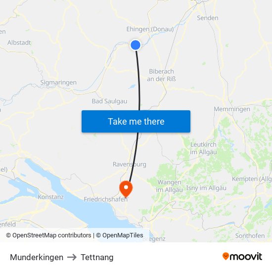 Munderkingen to Tettnang map