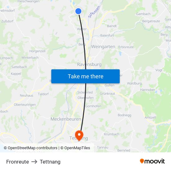 Fronreute to Tettnang map