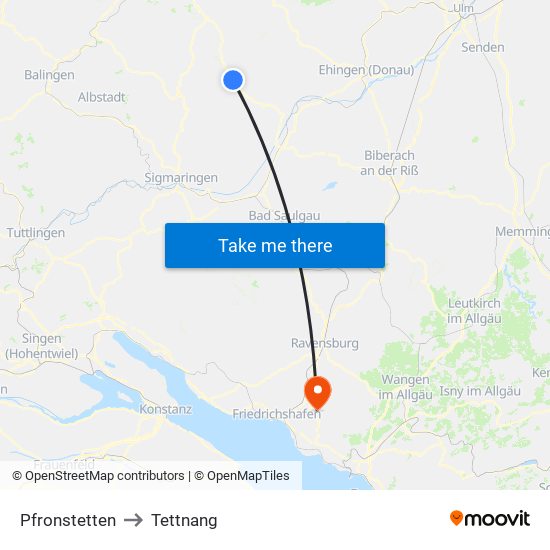 Pfronstetten to Tettnang map