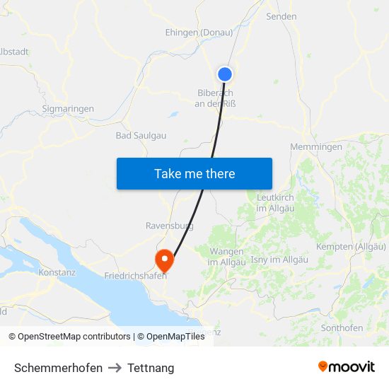 Schemmerhofen to Tettnang map