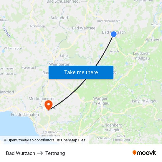 Bad Wurzach to Tettnang map