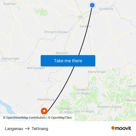 Langenau to Tettnang map