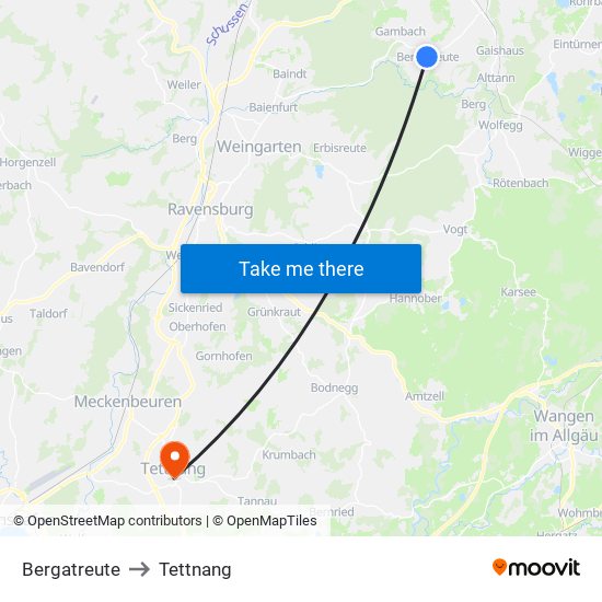 Bergatreute to Tettnang map