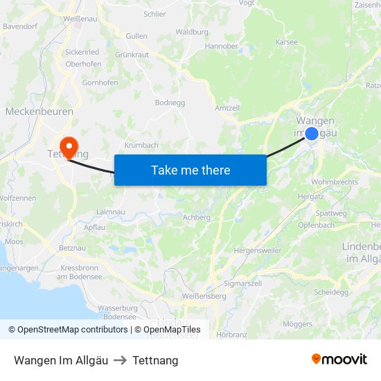 Wangen Im Allgäu to Tettnang map