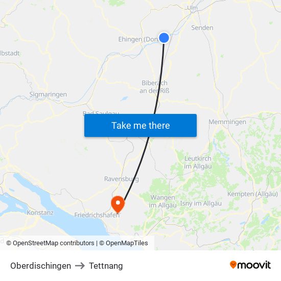 Oberdischingen to Tettnang map