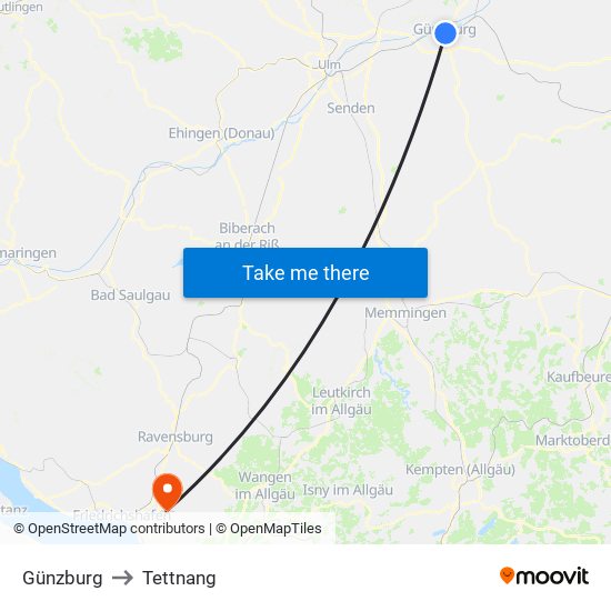 Günzburg to Tettnang map