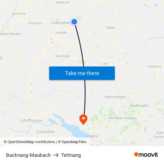 Backnang-Maubach to Tettnang map