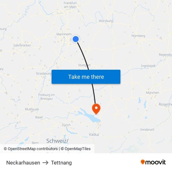 Neckarhausen to Tettnang map