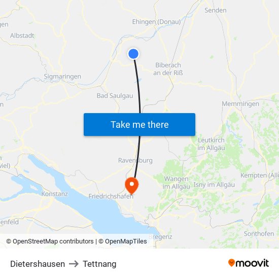 Dietershausen to Tettnang map