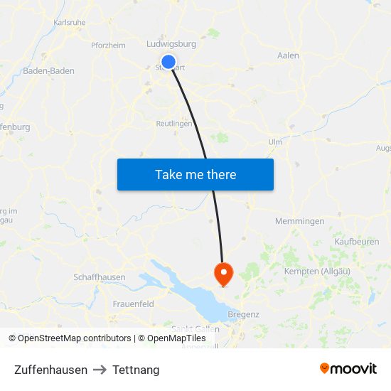 Zuffenhausen to Tettnang map