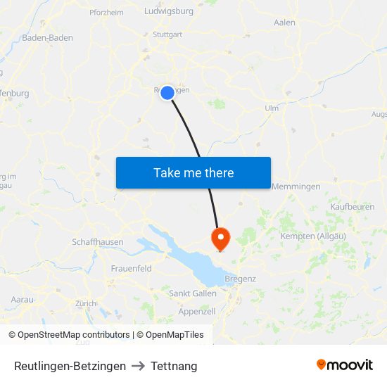 Reutlingen-Betzingen to Tettnang map