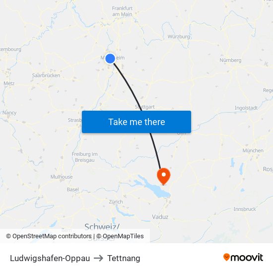 Ludwigshafen-Oppau to Tettnang map