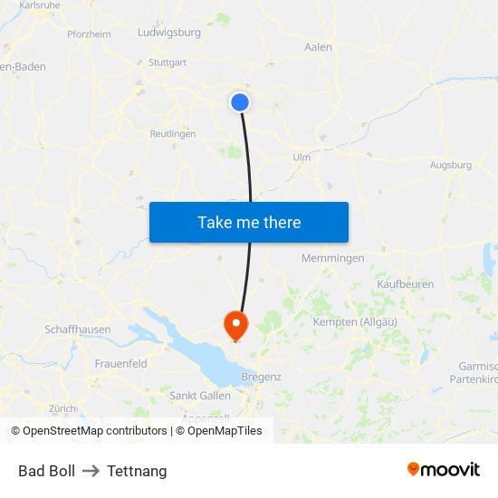 Bad Boll to Tettnang map