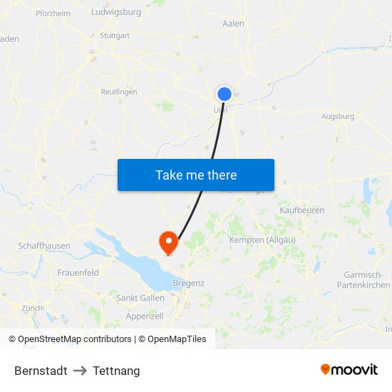 Bernstadt to Tettnang map