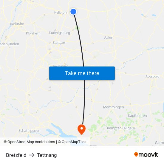 Bretzfeld to Tettnang map