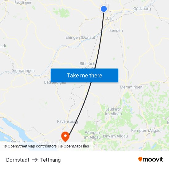 Dornstadt to Tettnang map