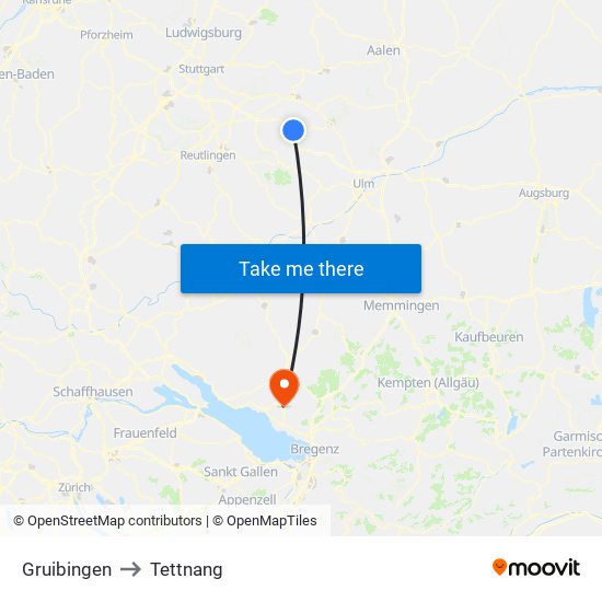 Gruibingen to Tettnang map