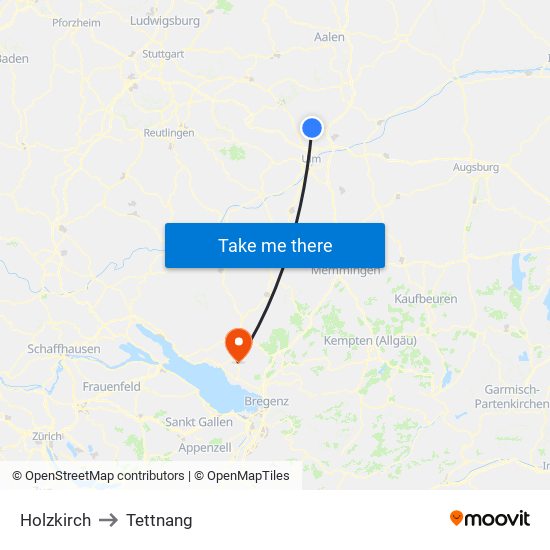 Holzkirch to Tettnang map