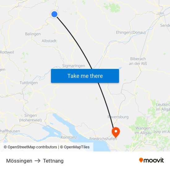 Mössingen to Tettnang map