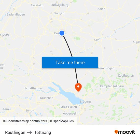 Reutlingen to Tettnang map