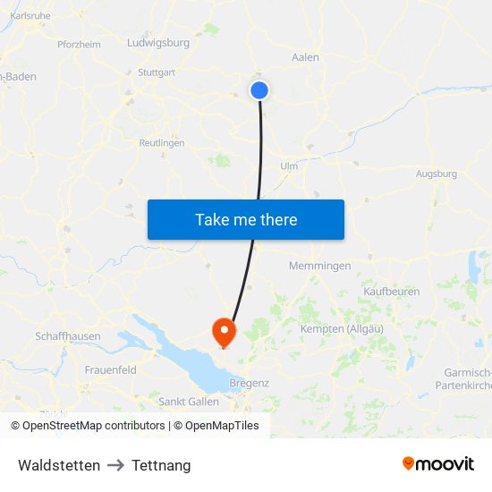 Waldstetten to Tettnang map