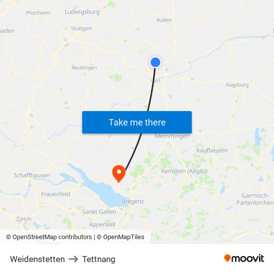 Weidenstetten to Tettnang map