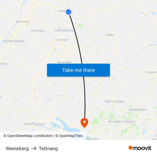 Weinsberg to Tettnang map
