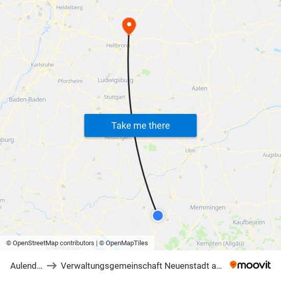 Aulendorf to Verwaltungsgemeinschaft Neuenstadt am Kocher map