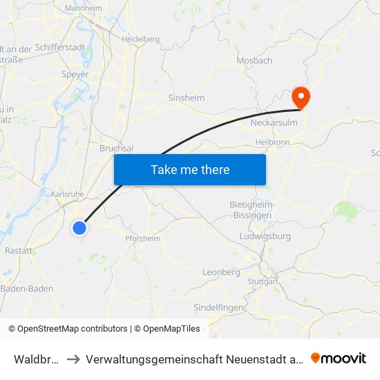 Waldbronn to Verwaltungsgemeinschaft Neuenstadt am Kocher map