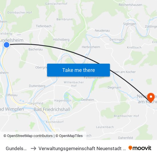 Gundelsheim to Verwaltungsgemeinschaft Neuenstadt am Kocher map